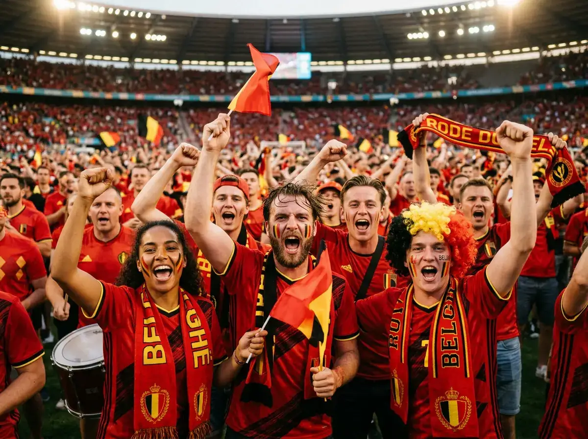 Belgische voetbalfans in rode shirts met sjaals juichen samen in een bruisend stadion