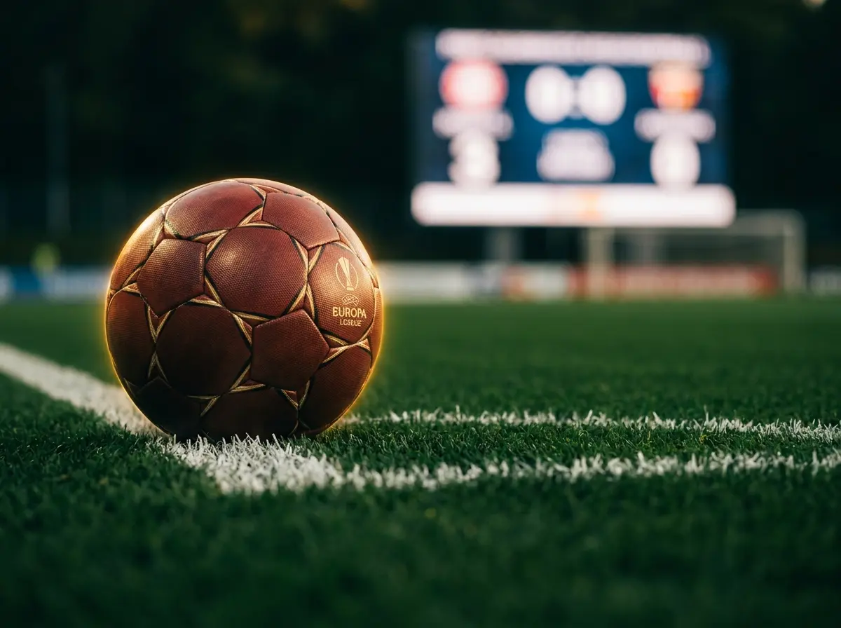 Voetbal op een groen veld met krijttactieklijnen en een scorebord op de achtergrond in avondlicht