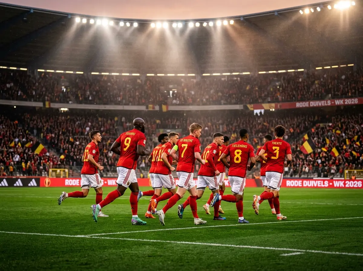 Belgische voetballers in rode shirts tijdens een interland op een groen veld onder stadionlichten