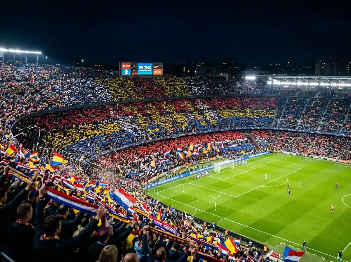 Voetbalstadion gevuld met supporters en kleurrijke vlaggen tijdens een avondwedstrijd met felle verlichting