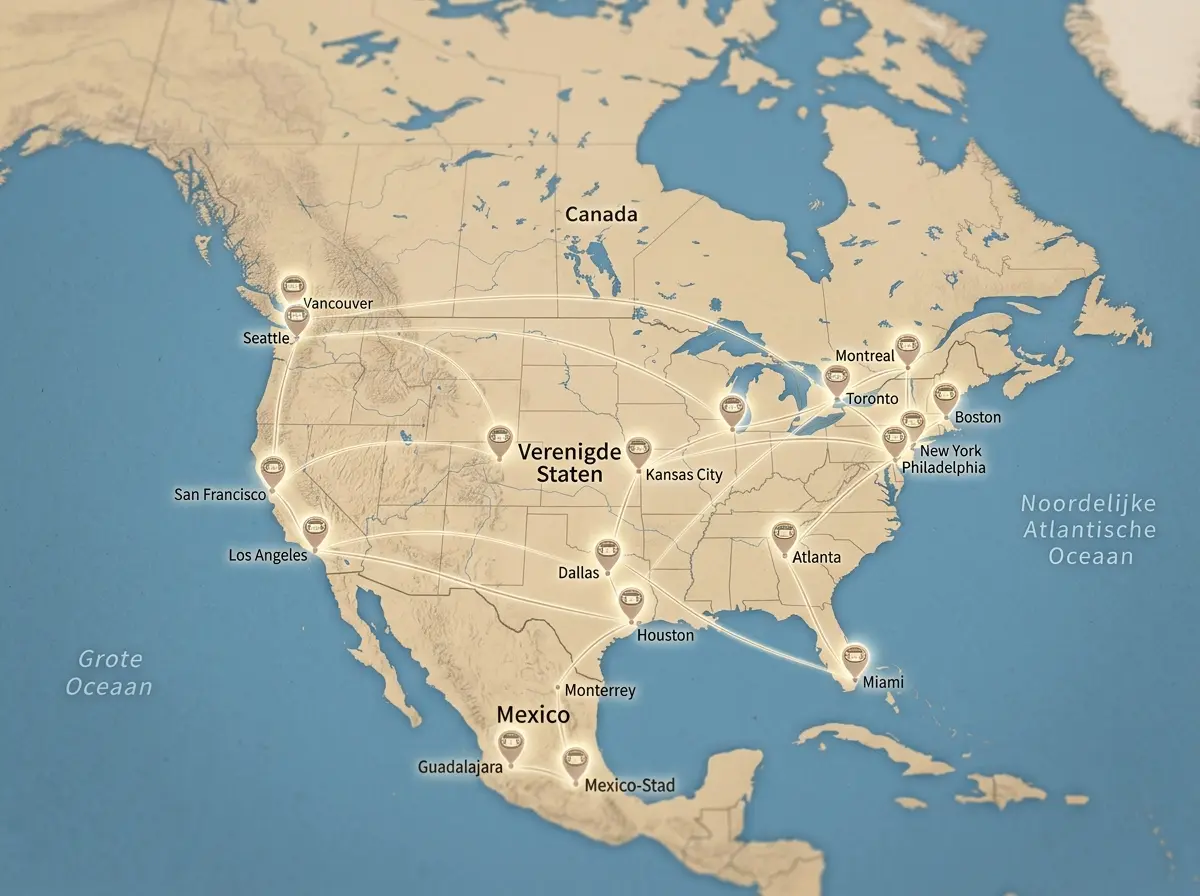 Kaart van de zestien WK 2026-stadions in de Verenigde Staten, Mexico en Canada