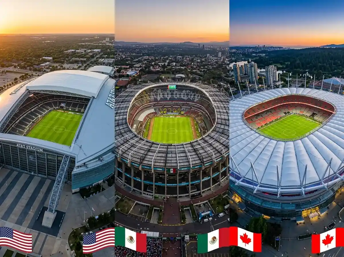 Overzicht van het WK 2026 met stadions in de VS, Mexico en Canada