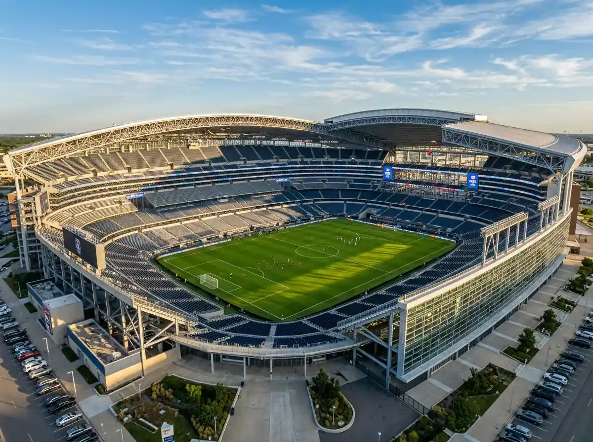Modern voetbalstadion met grasmat en lege tribunes in de middagzon vanuit een hoog perspectief
